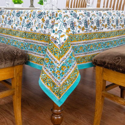 Blue & Yellow Block Print Cotton Tablecloth, Handmade Indian Rectangle Table Linen - My Store