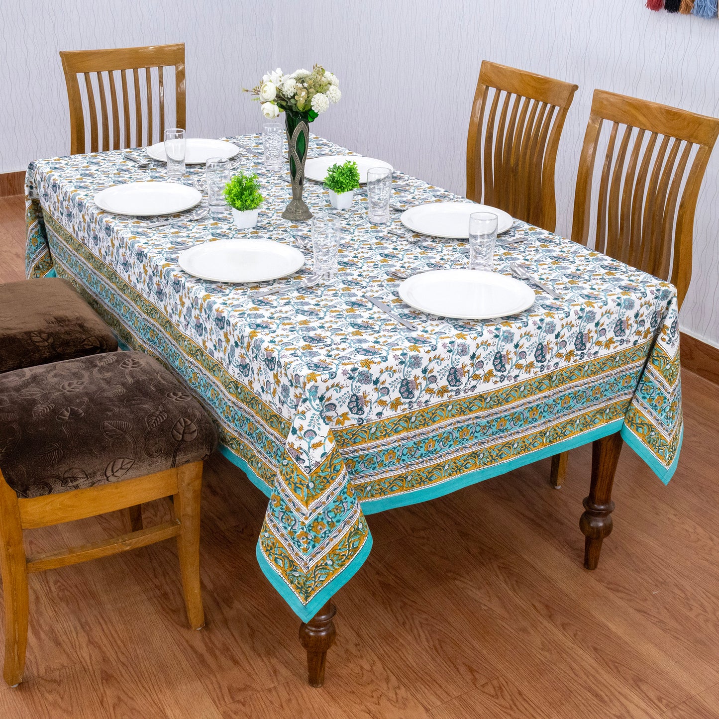 Blue & Yellow Block Print Cotton Tablecloth, Handmade Indian Rectangle Table Linen - My Store