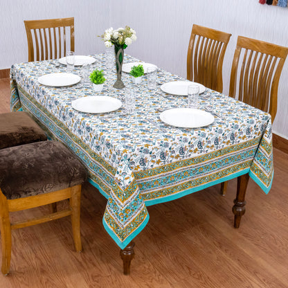 Blue & Yellow Block Print Cotton Tablecloth, Handmade Indian Rectangle Table Linen - My Store