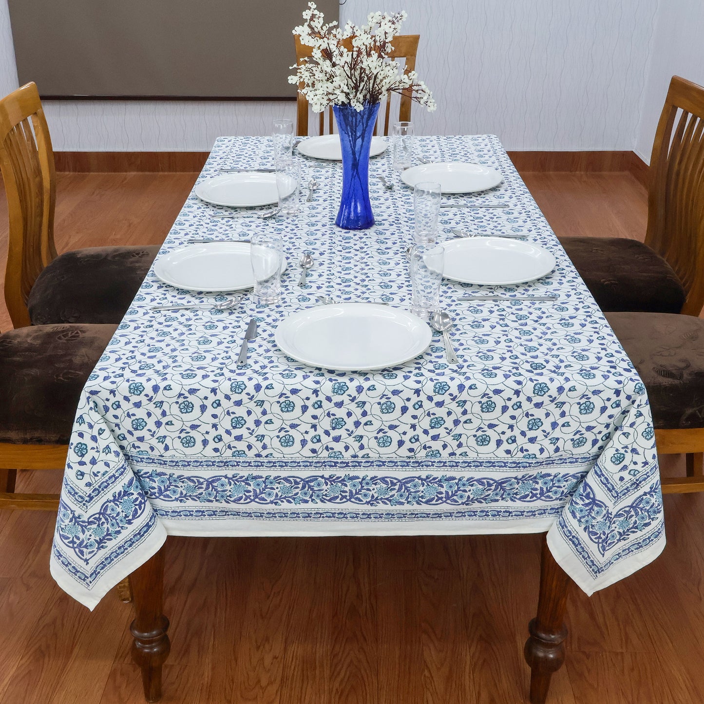 Purple and White Block Print Cotton Tablecloth, Handmade Indian Rectangle Table Linen - My Store