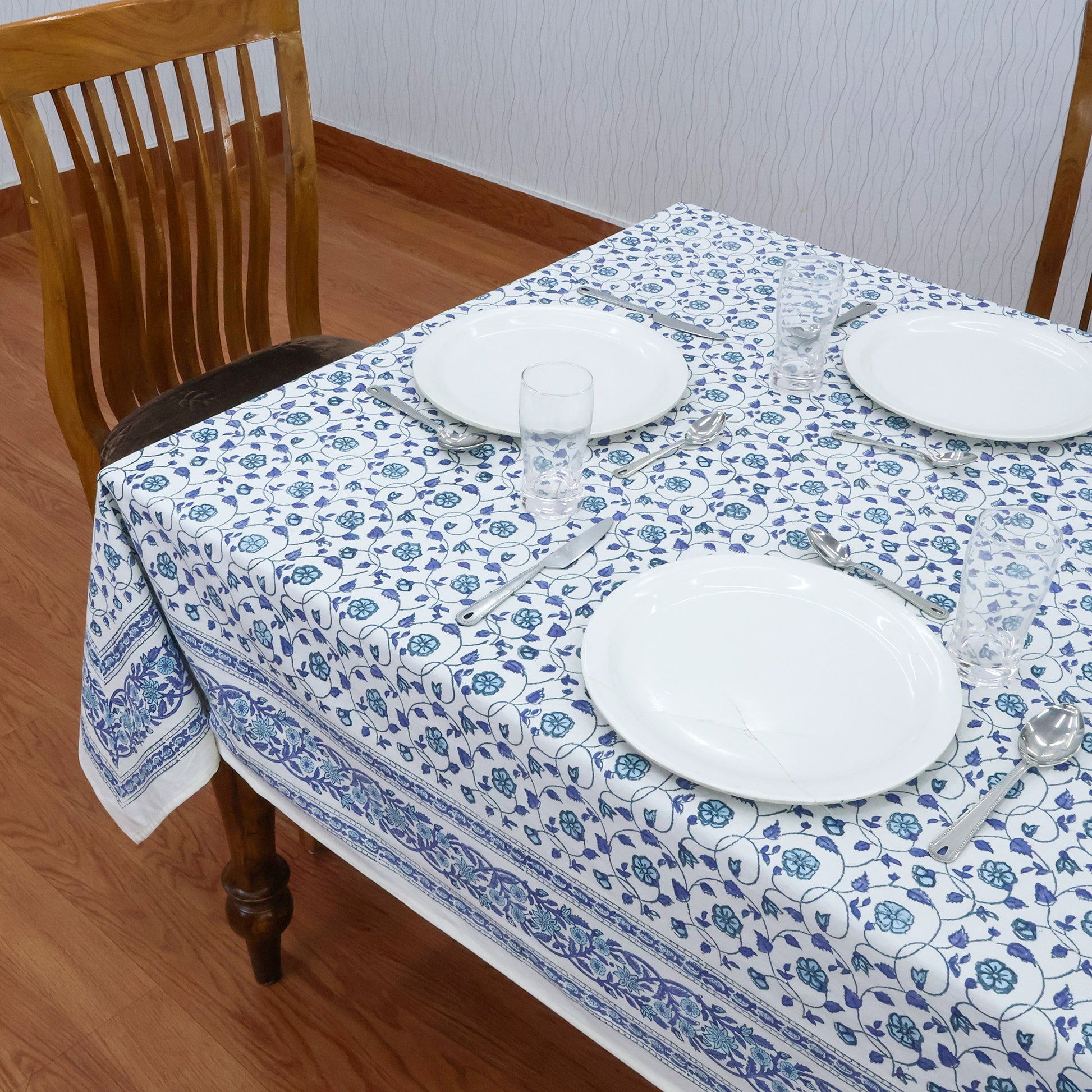 Purple and White Block Print Cotton Tablecloth, Handmade Indian Rectangle Table Linen - My Store