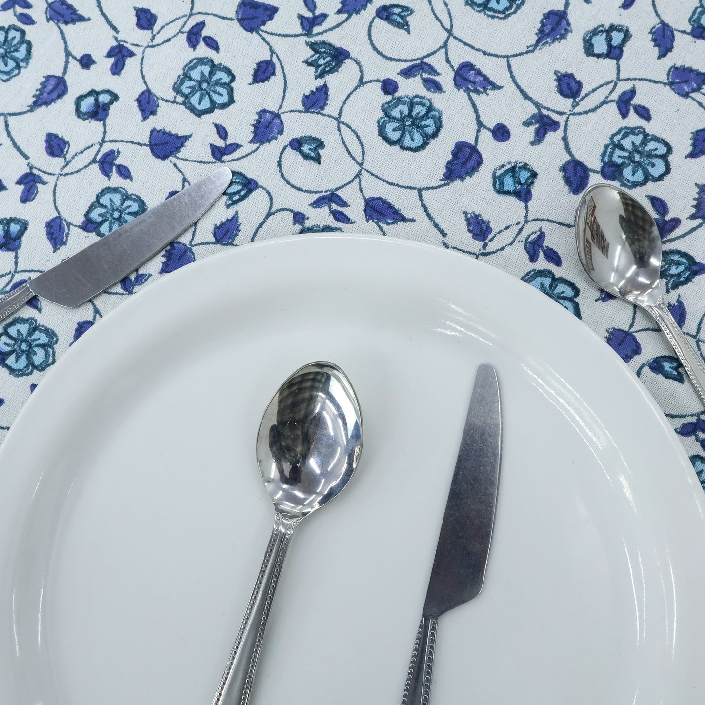 Purple and White Block Print Cotton Tablecloth, Handmade Indian Rectangle Table Linen - My Store