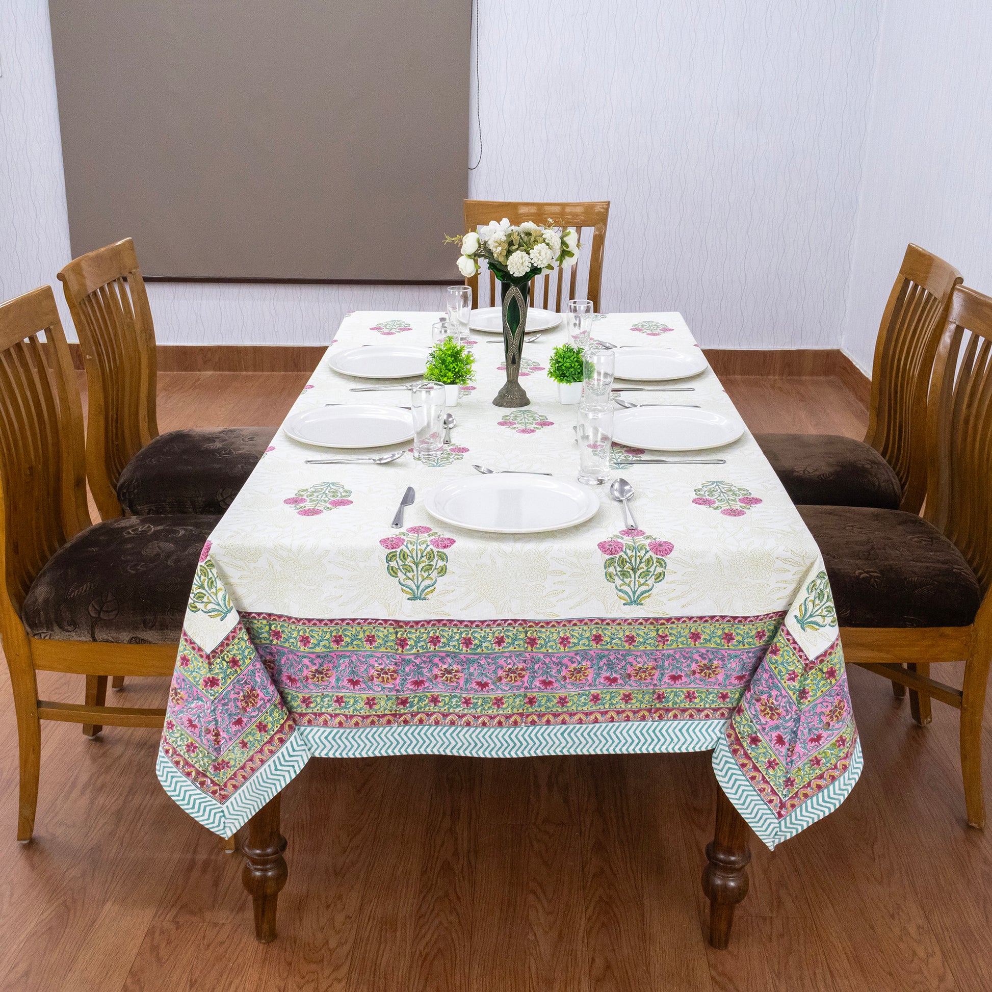 Artisan Block Print Cotton Tablecloth, White and Pink Indian Rectangle Dining Cover - My Store