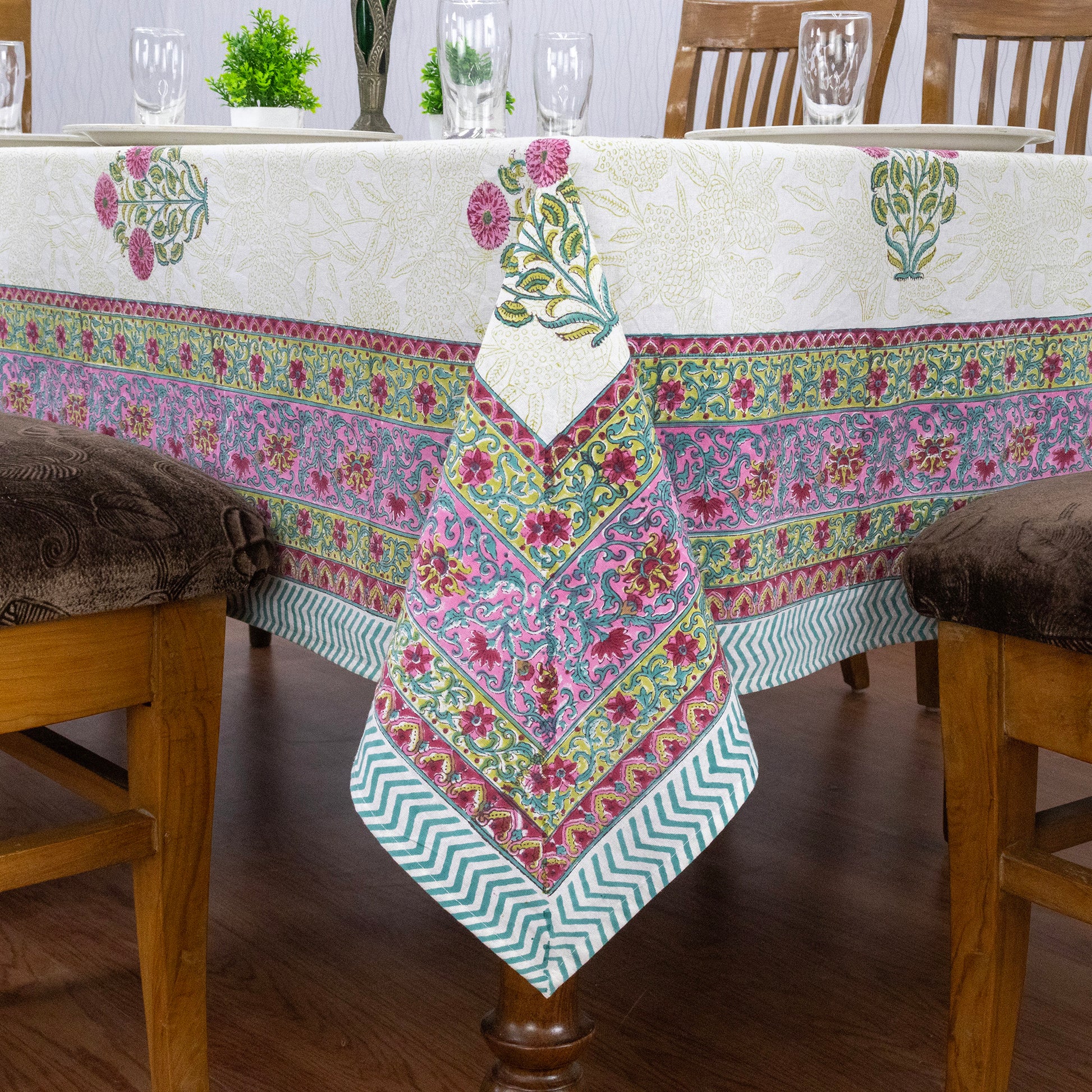 Artisan Block Print Cotton Tablecloth, White and Pink Indian Rectangle Dining Cover - My Store