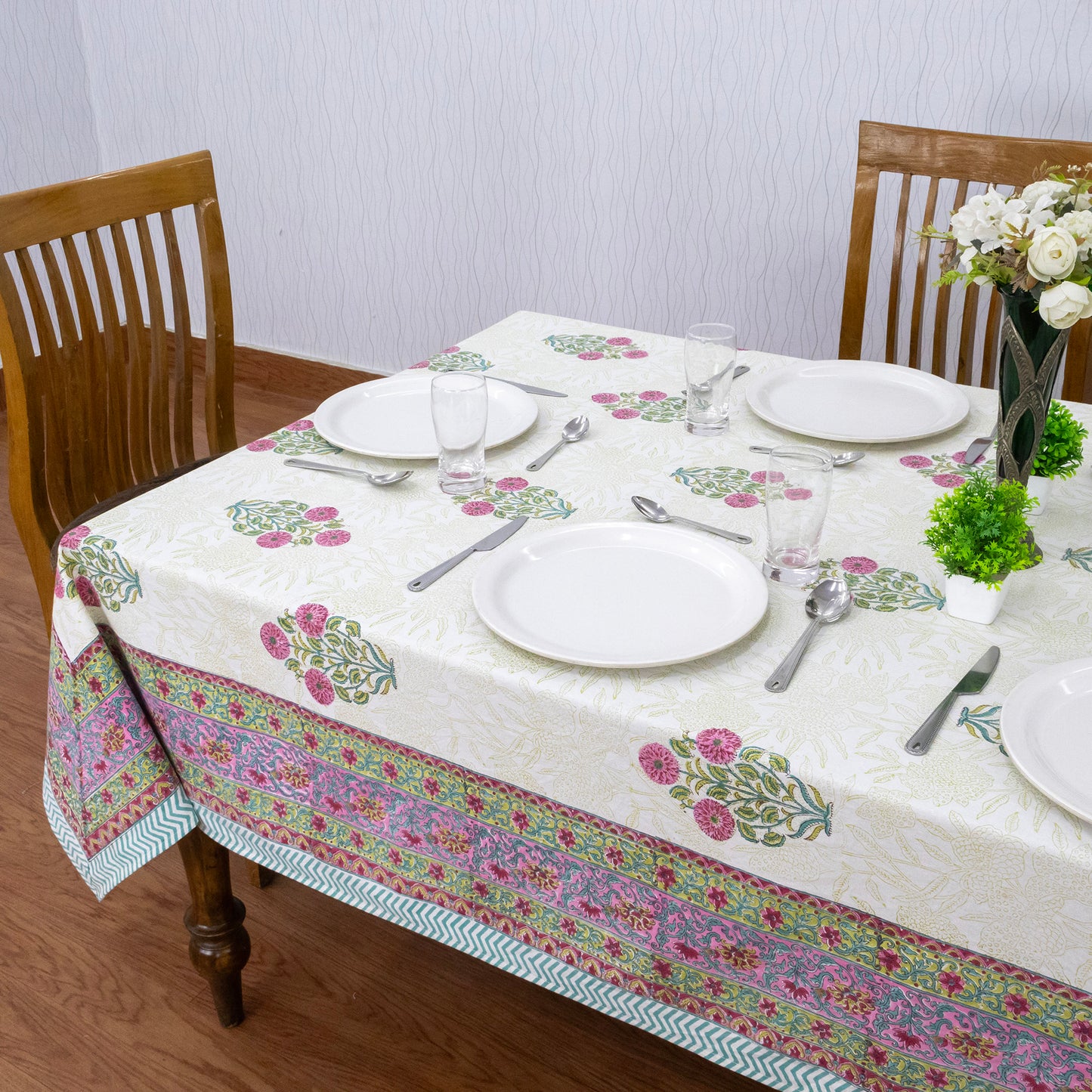 Artisan Block Print Cotton Tablecloth, White and Pink Indian Rectangle Dining Cover - My Store