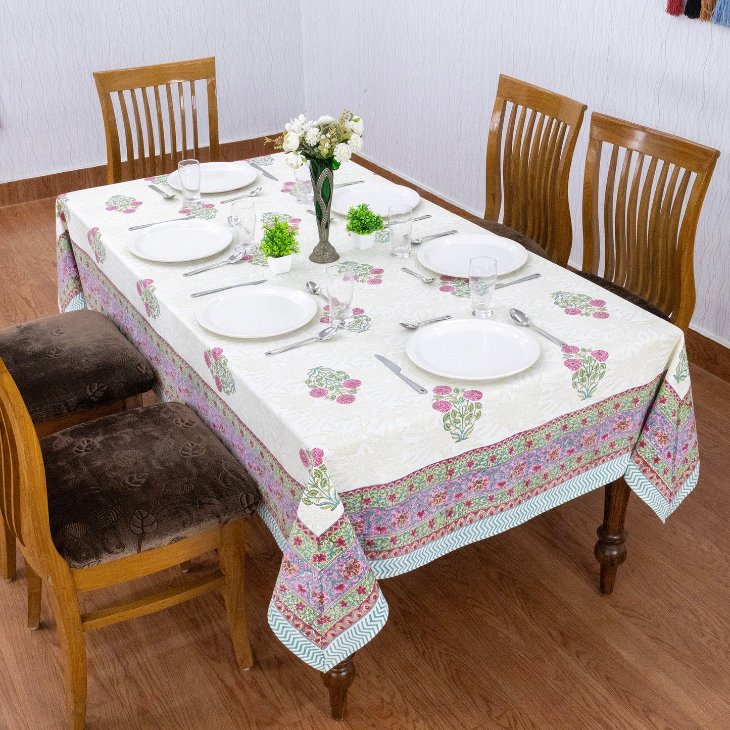 Artisan Block Print Cotton Tablecloth, White and Pink Indian Rectangle Dining Cover - My Store
