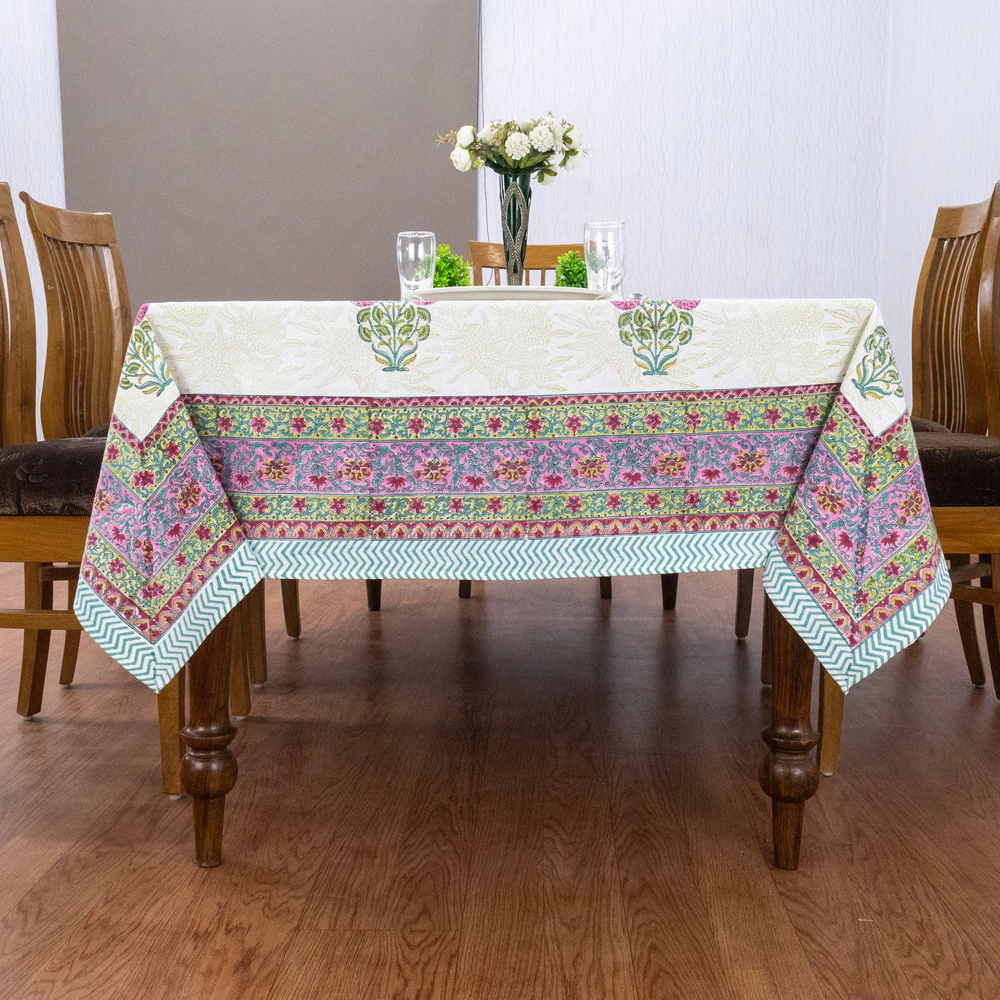 Artisan Block Print Cotton Tablecloth, White and Pink Indian Rectangle Dining Cover - My Store