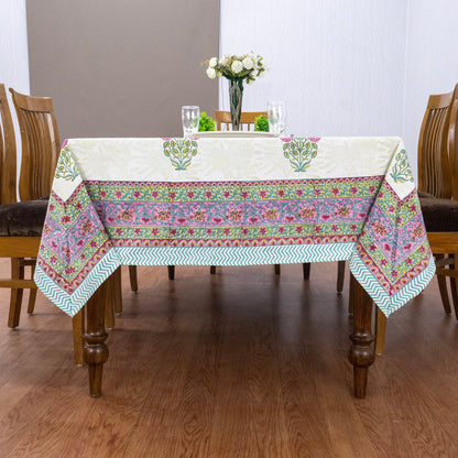Artisan Block Print Cotton Tablecloth, White and Pink Indian Rectangle Dining Cover - My Store