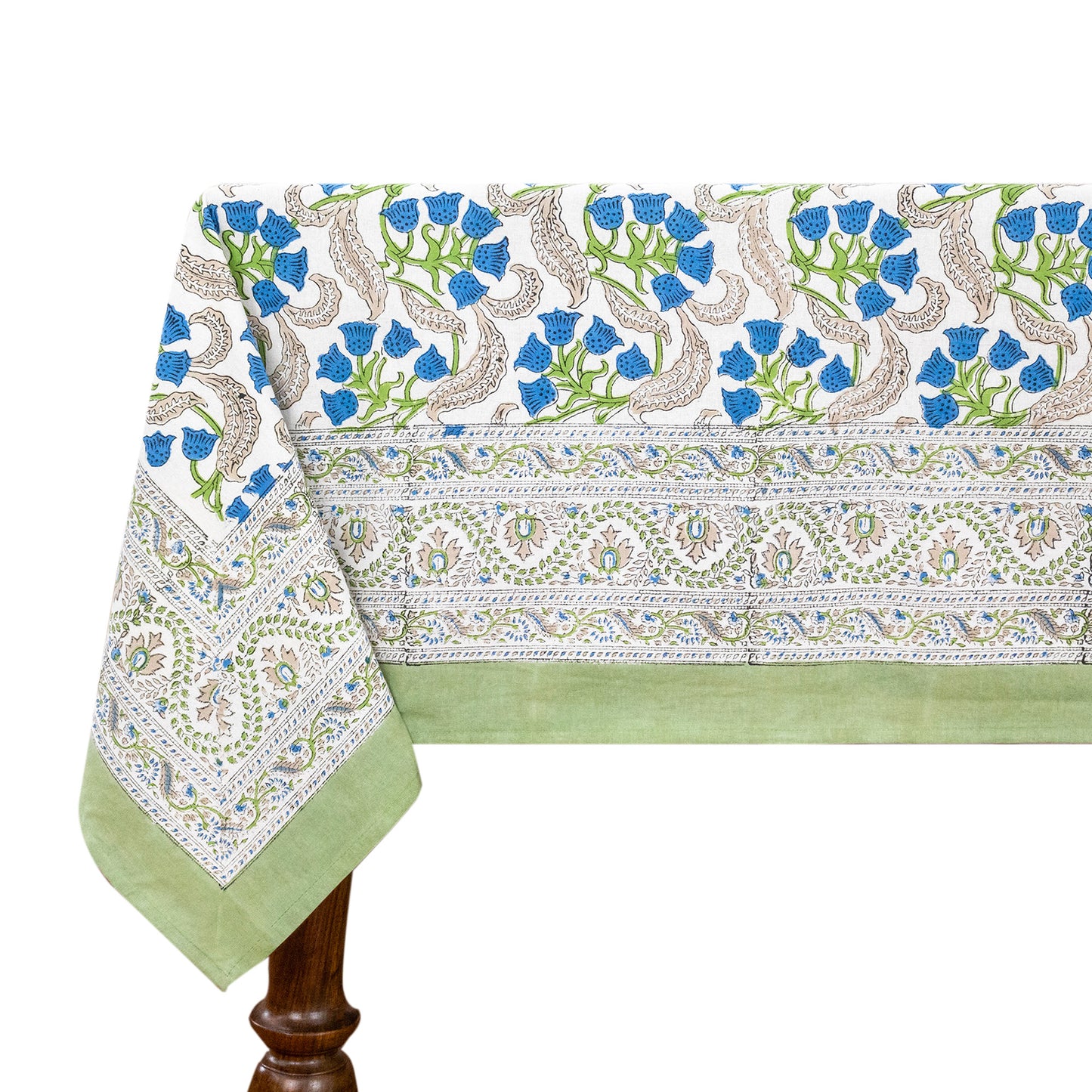 Indian Handmade Block Printed Cotton Blue and Green Rectangle Tablecloth - My Store