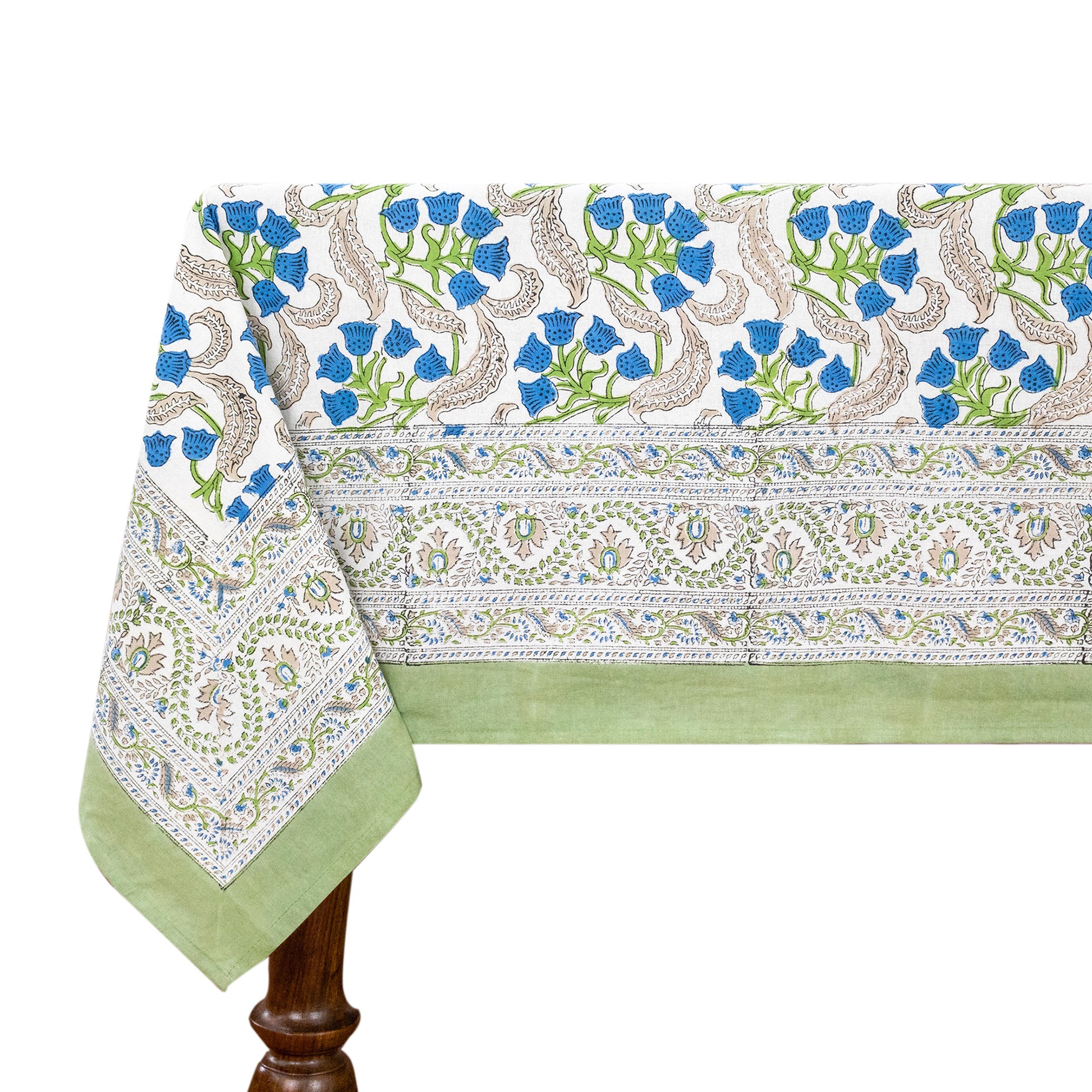 Indian Handmade Block Printed Cotton Blue and Green Rectangle Tablecloth - My Store