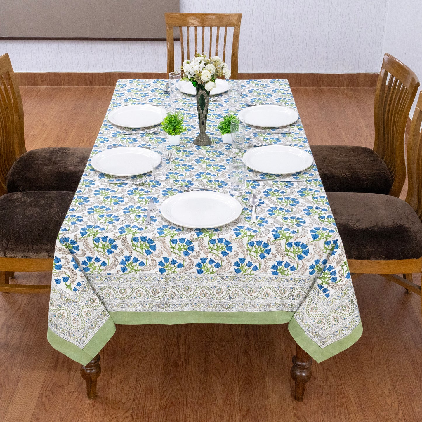 Indian Handmade Block Printed Cotton Blue and Green Rectangle Tablecloth - My Store