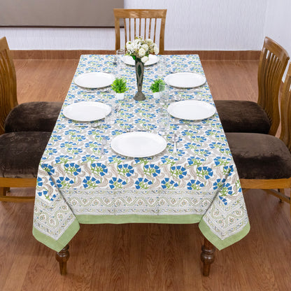 Indian Handmade Block Printed Cotton Blue and Green Rectangle Tablecloth - My Store