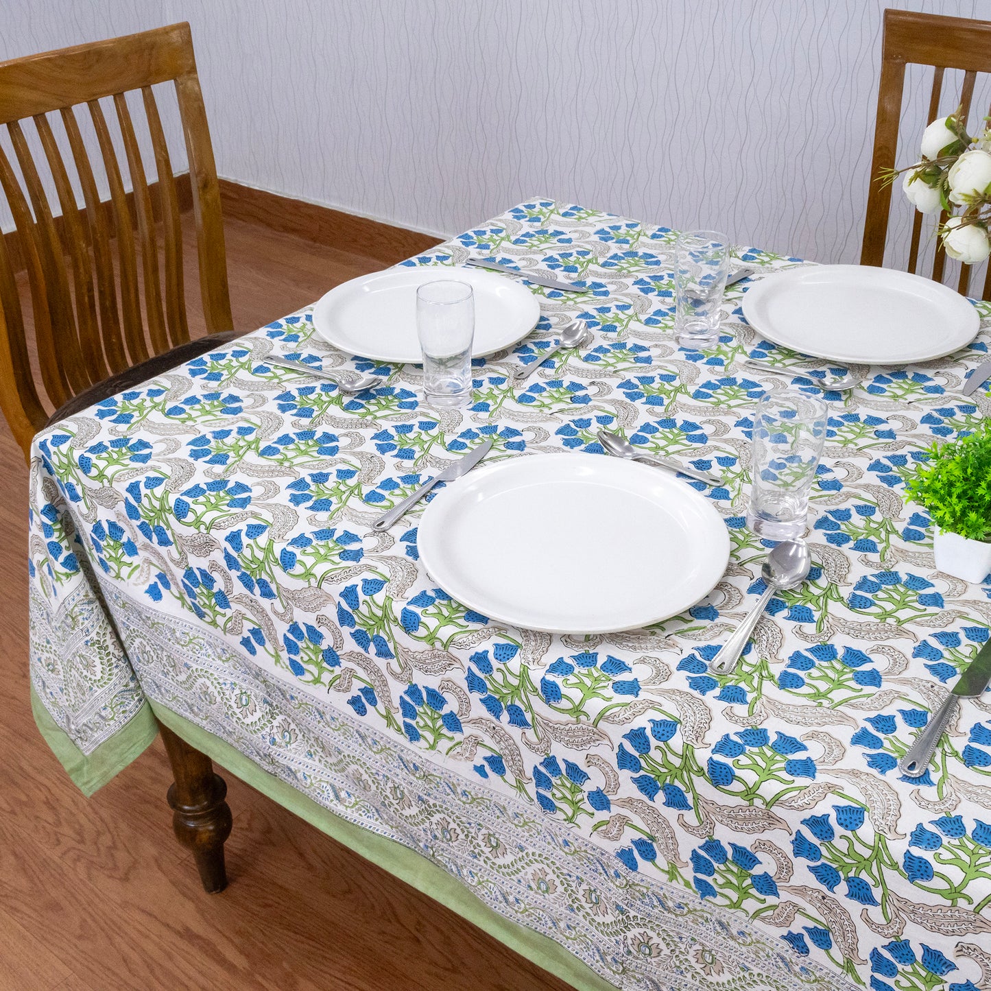 Indian Handmade Block Printed Cotton Blue and Green Rectangle Tablecloth - My Store