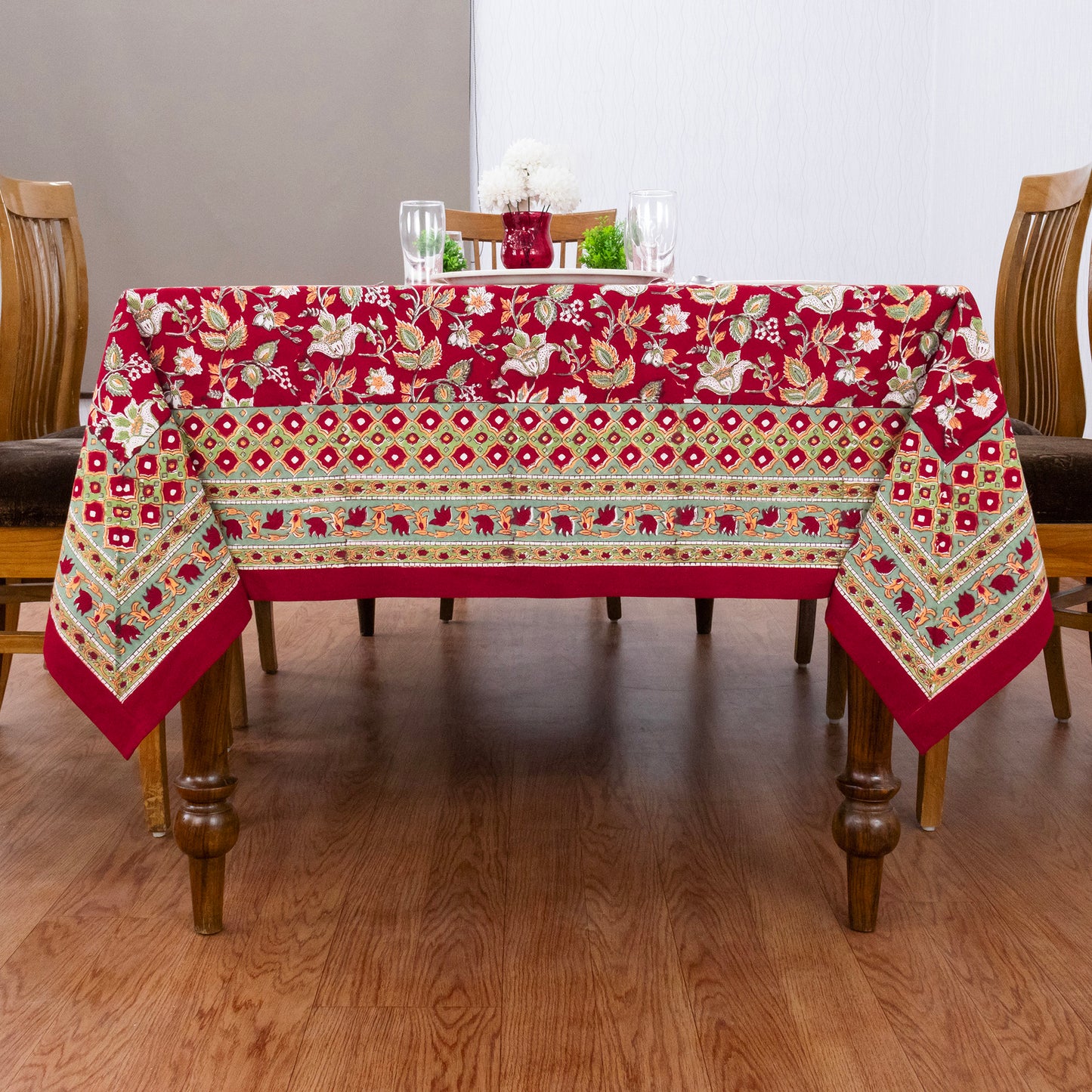 Red and Green Block Print Cotton Tablecloth, Handmade Indian Rectangle Table Linen - My Store
