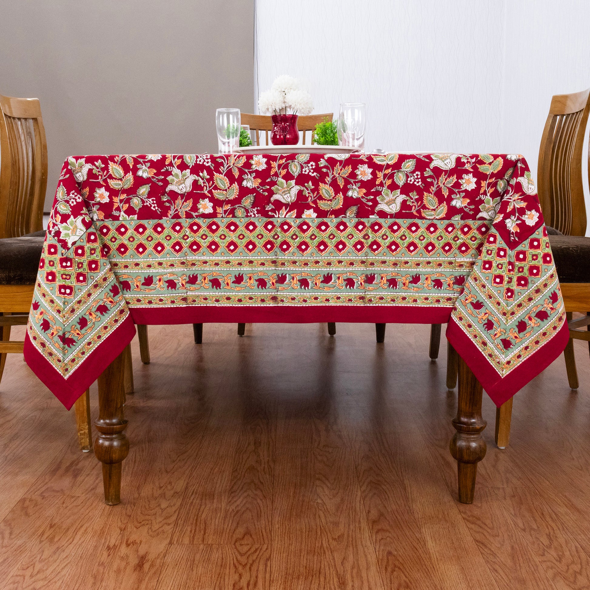 Red and Green Block Print Cotton Tablecloth, Handmade Indian Rectangle Table Linen - My Store