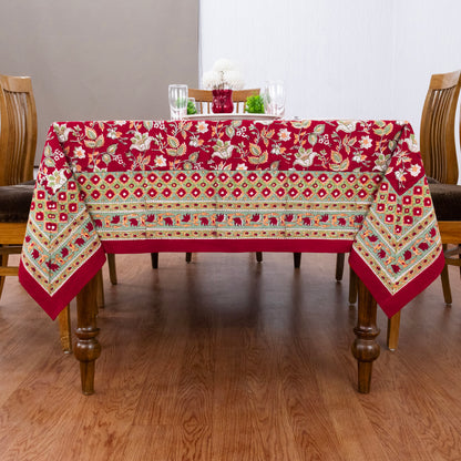 Red and Green Block Print Cotton Tablecloth, Handmade Indian Rectangle Table Linen - My Store