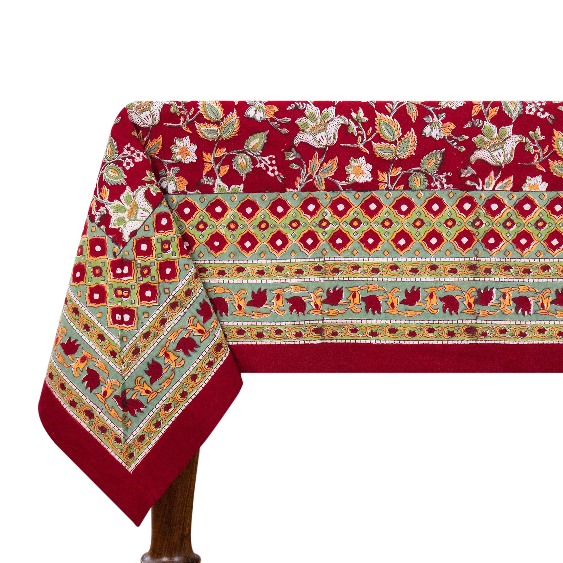 Red and Green Block Print Cotton Tablecloth, Handmade Indian Rectangle Table Linen - My Store