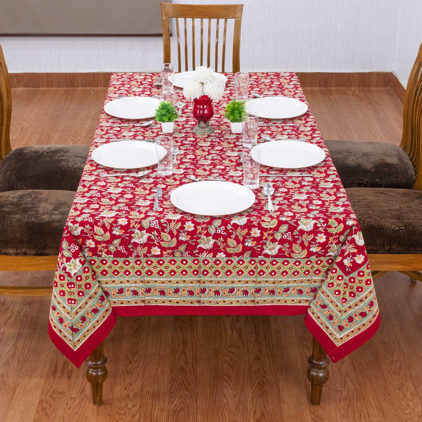 Red and Green Block Print Cotton Tablecloth, Handmade Indian Rectangle Table Linen - My Store
