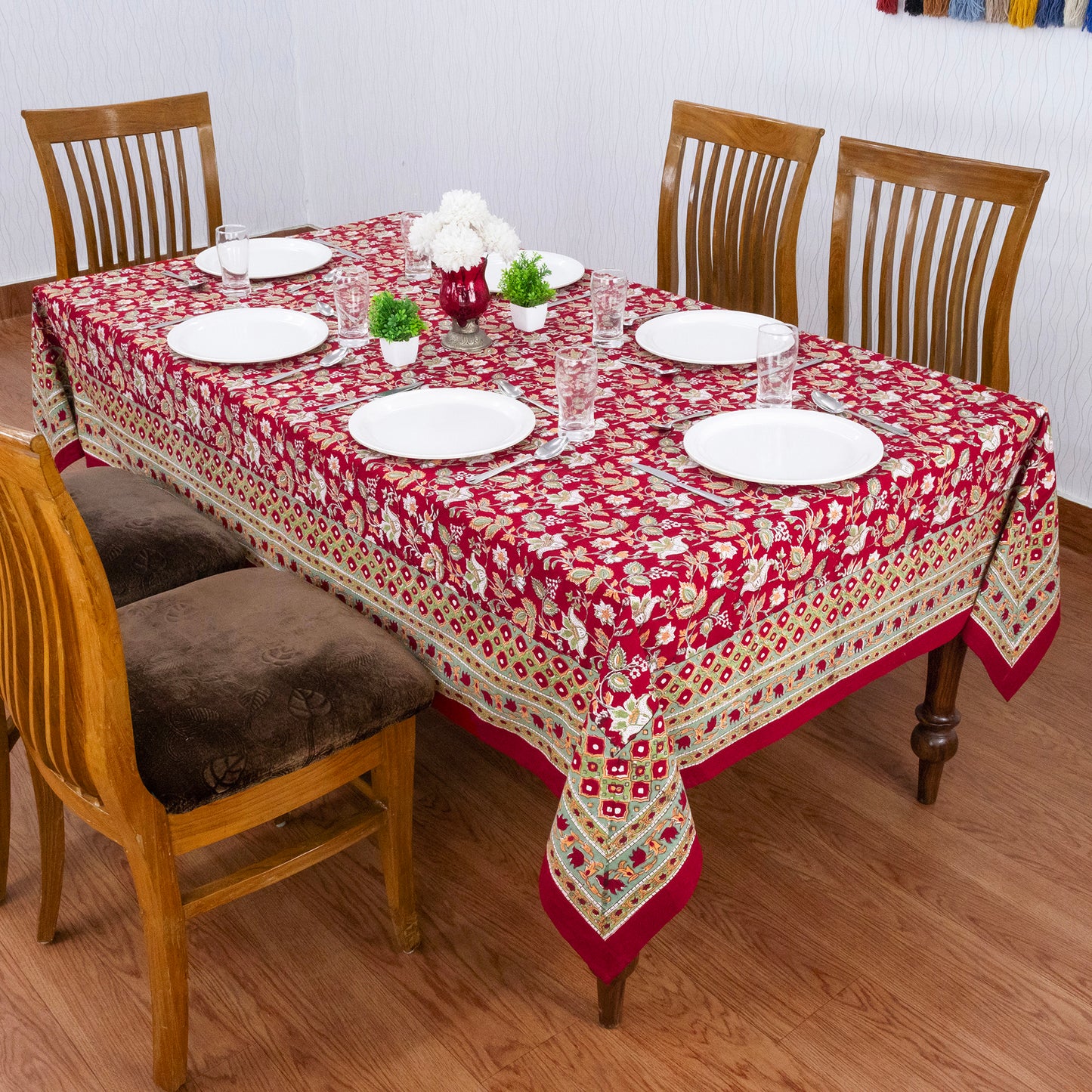 Red and Green Block Print Cotton Tablecloth, Handmade Indian Rectangle Table Linen - My Store