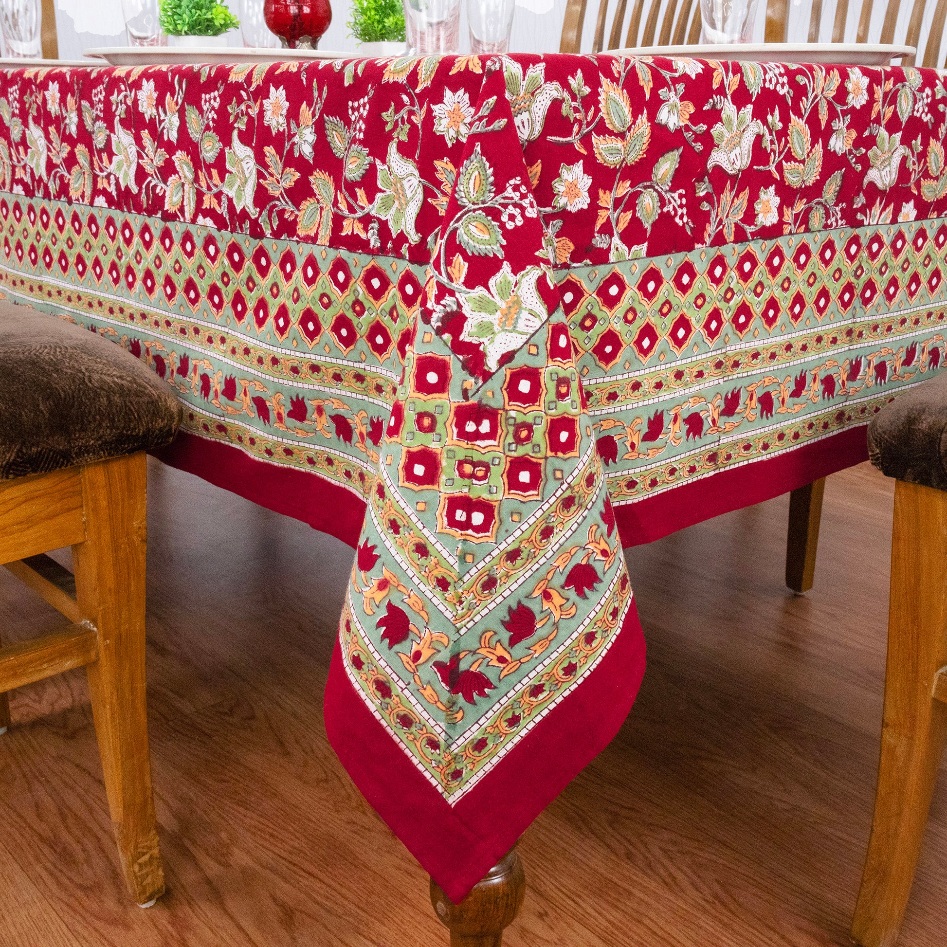 Red and Green Block Print Cotton Tablecloth, Handmade Indian Rectangle Table Linen - My Store