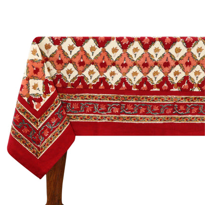 Artisan Block Print Cotton Tablecloth, Yellow and Red Indian Rectangle Dining Cover - My Store