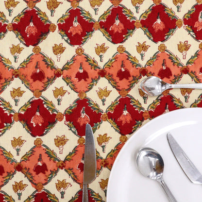 Artisan Block Print Cotton Tablecloth, Yellow and Red Indian Rectangle Dining Cover - My Store
