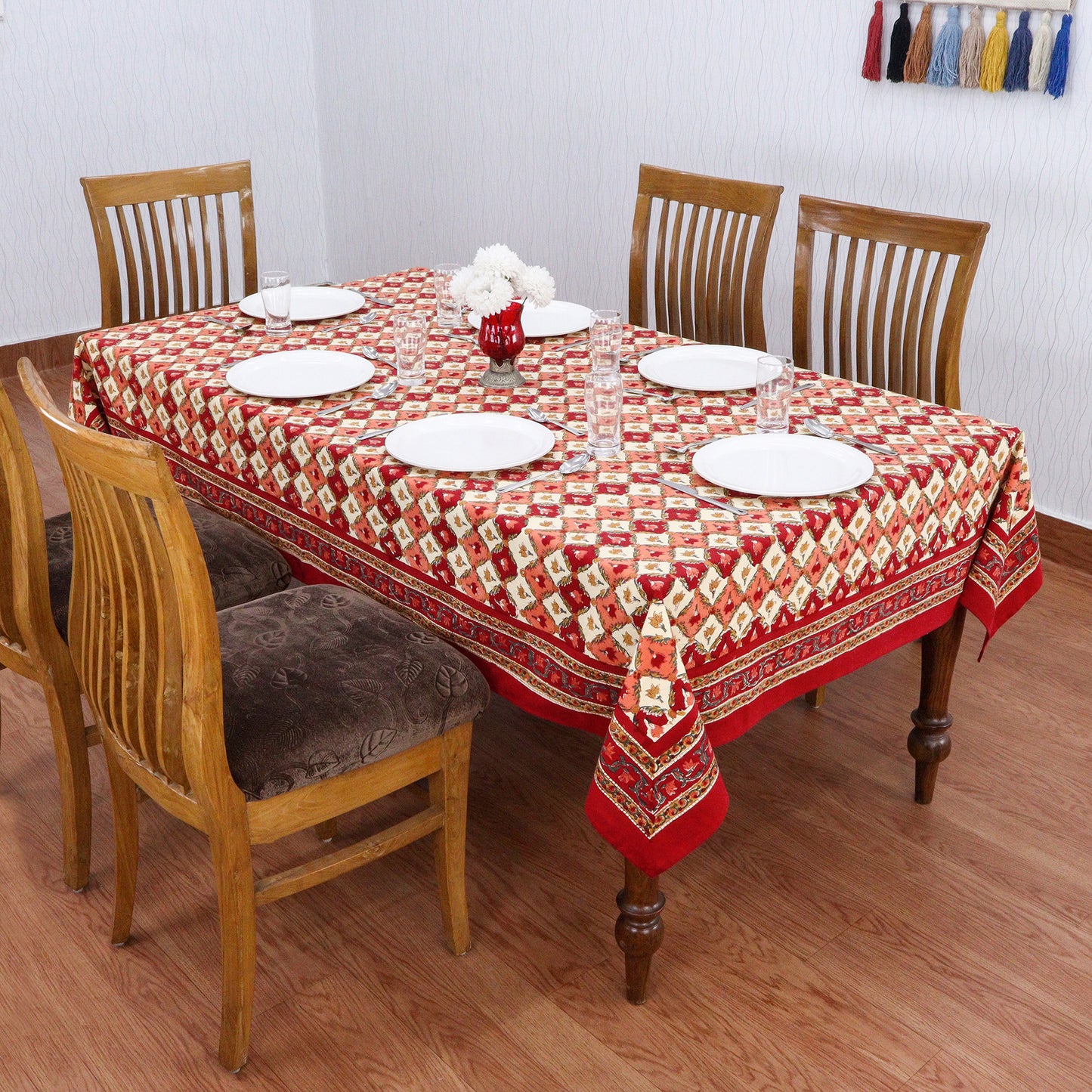 Artisan Block Print Cotton Tablecloth, Yellow and Red Indian Rectangle Dining Cover - My Store