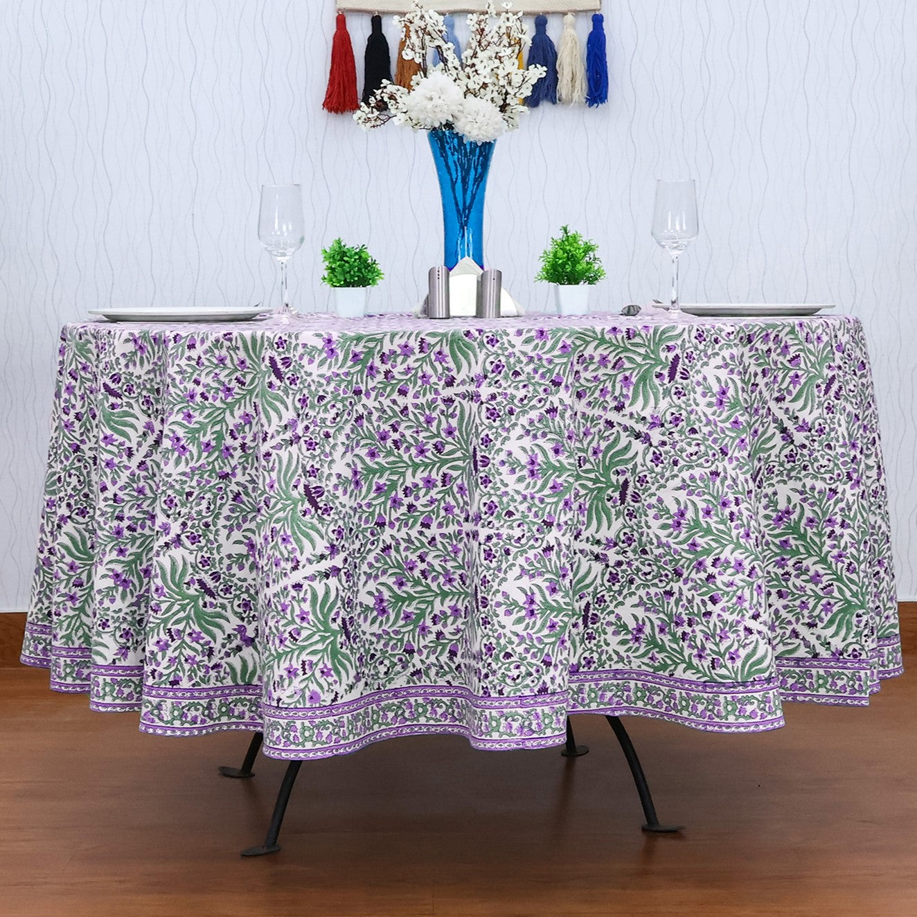 Purple and Green Floral Round Tablecloth - Indian Block Print Round Table Cover - My Store