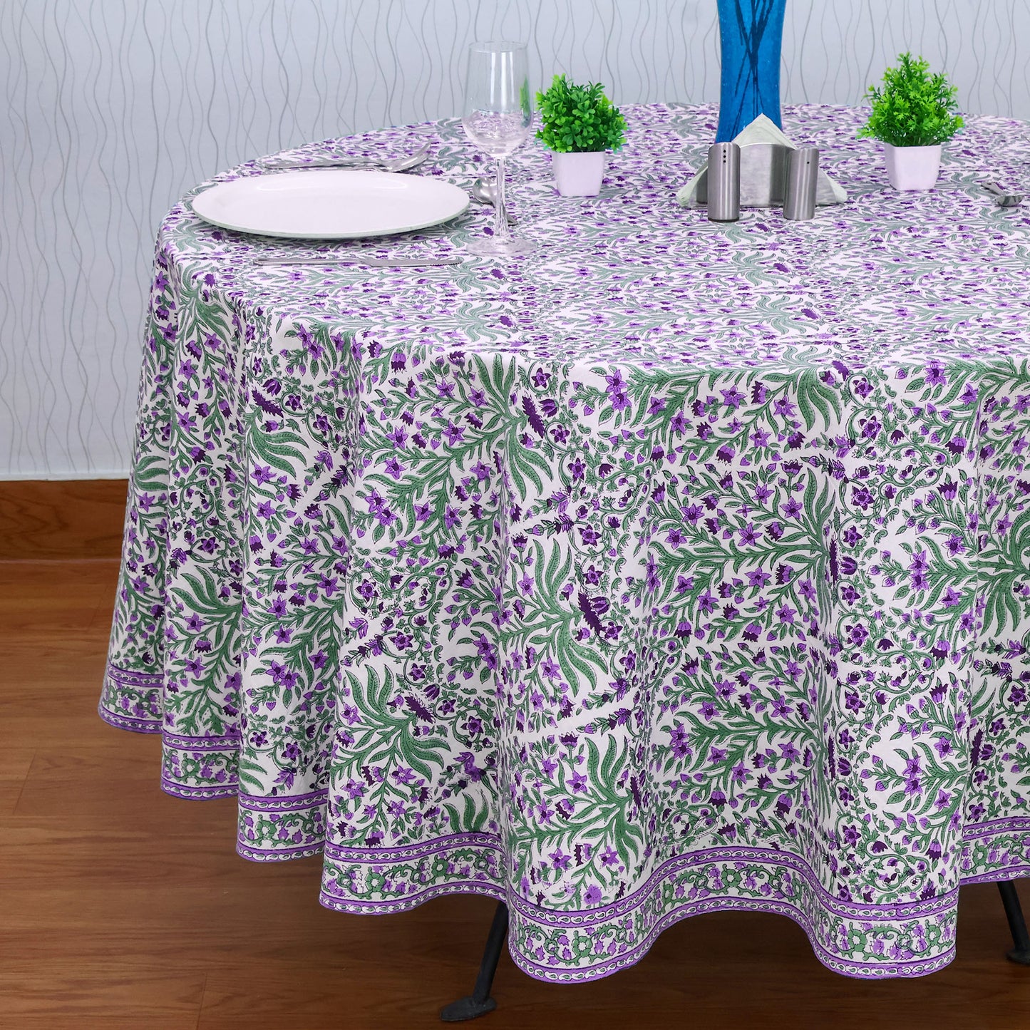 Purple and Green Floral Round Tablecloth - Indian Block Print Round Table Cover - My Store