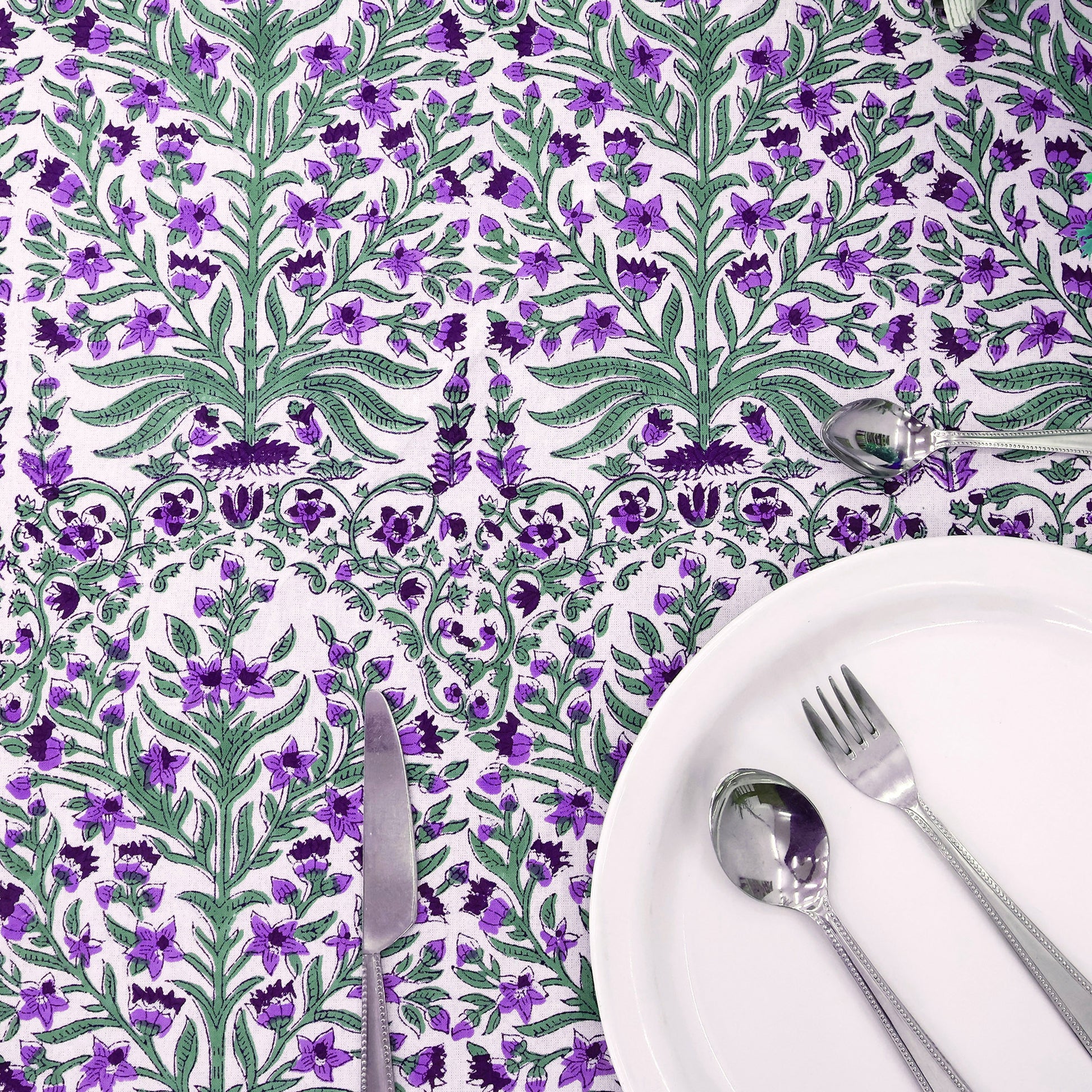 Purple and Green Floral Round Tablecloth - Indian Block Print Round Table Cover - My Store