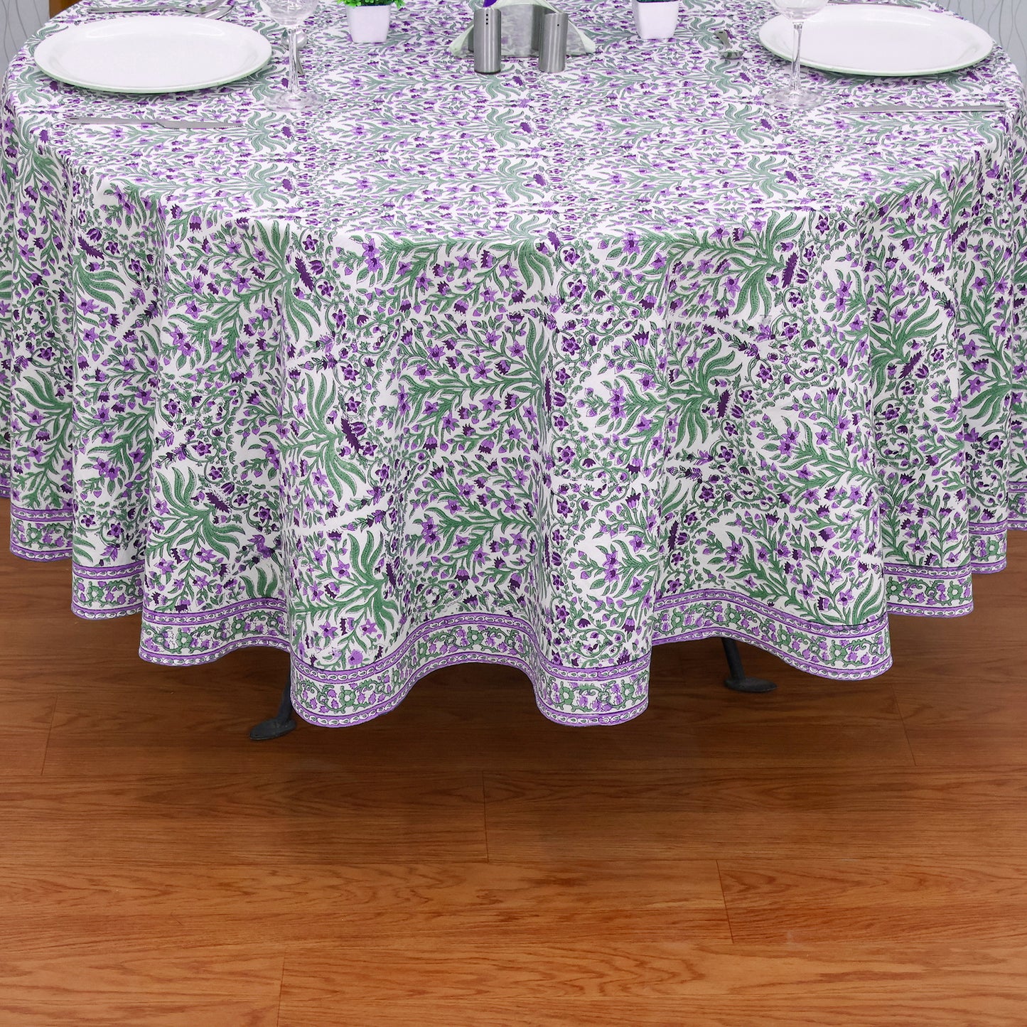 Purple and Green Floral Round Tablecloth - Indian Block Print Round Table Cover - My Store
