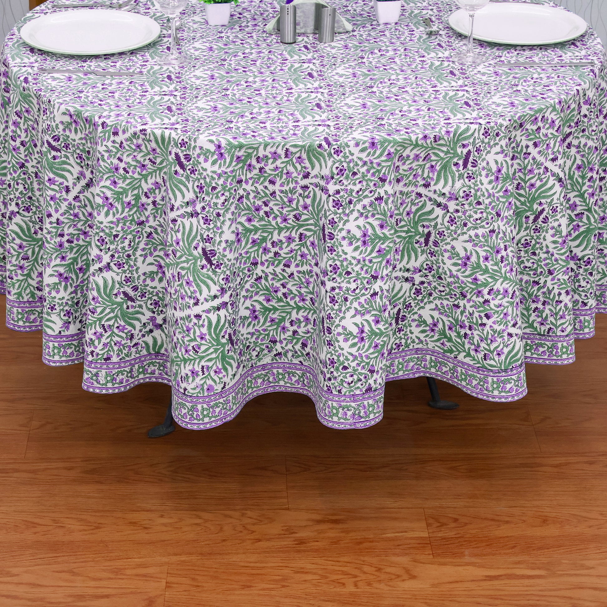 Purple and Green Floral Round Tablecloth - Indian Block Print Round Table Cover - My Store