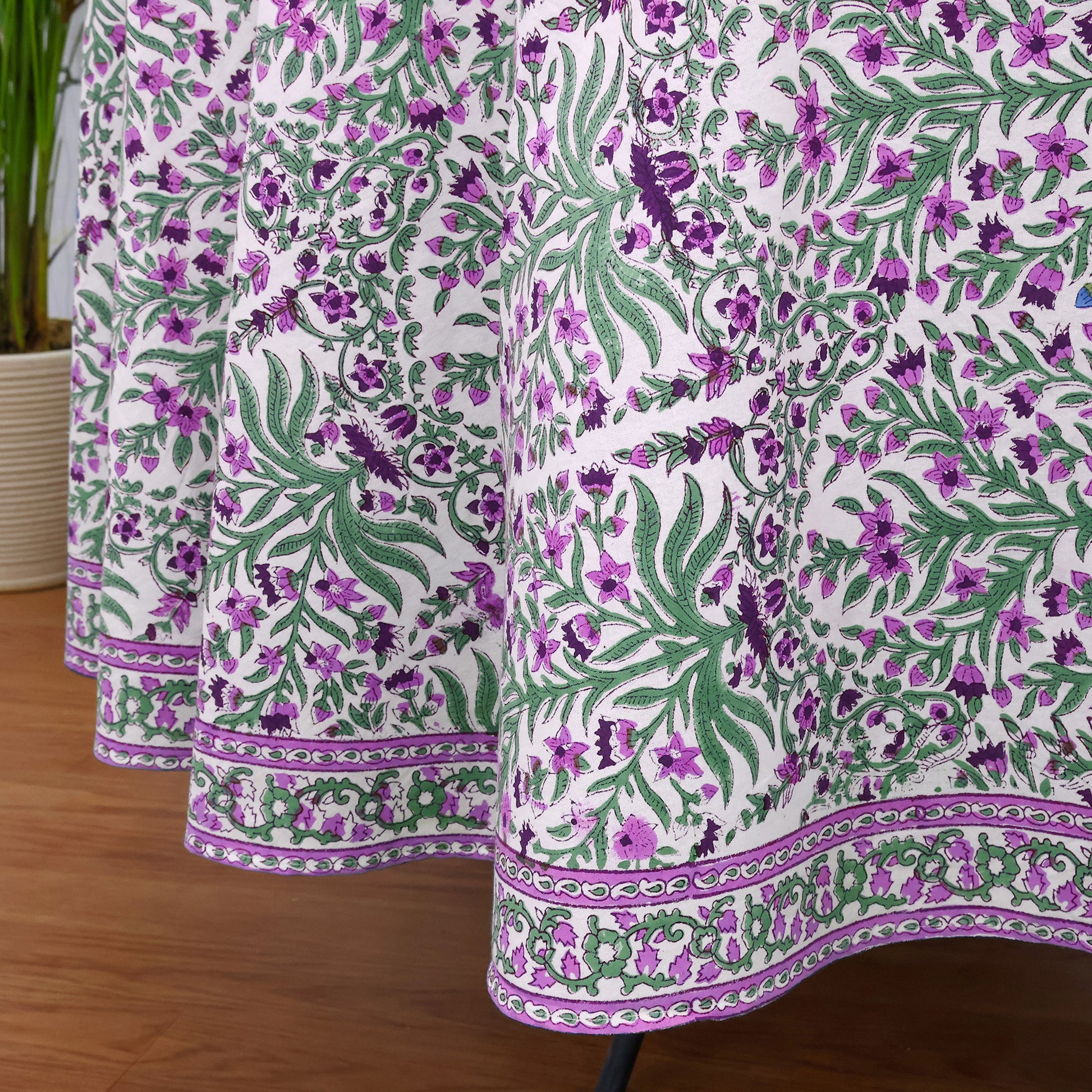 Purple and Green Floral Round Tablecloth - Indian Block Print Round Table Cover - My Store