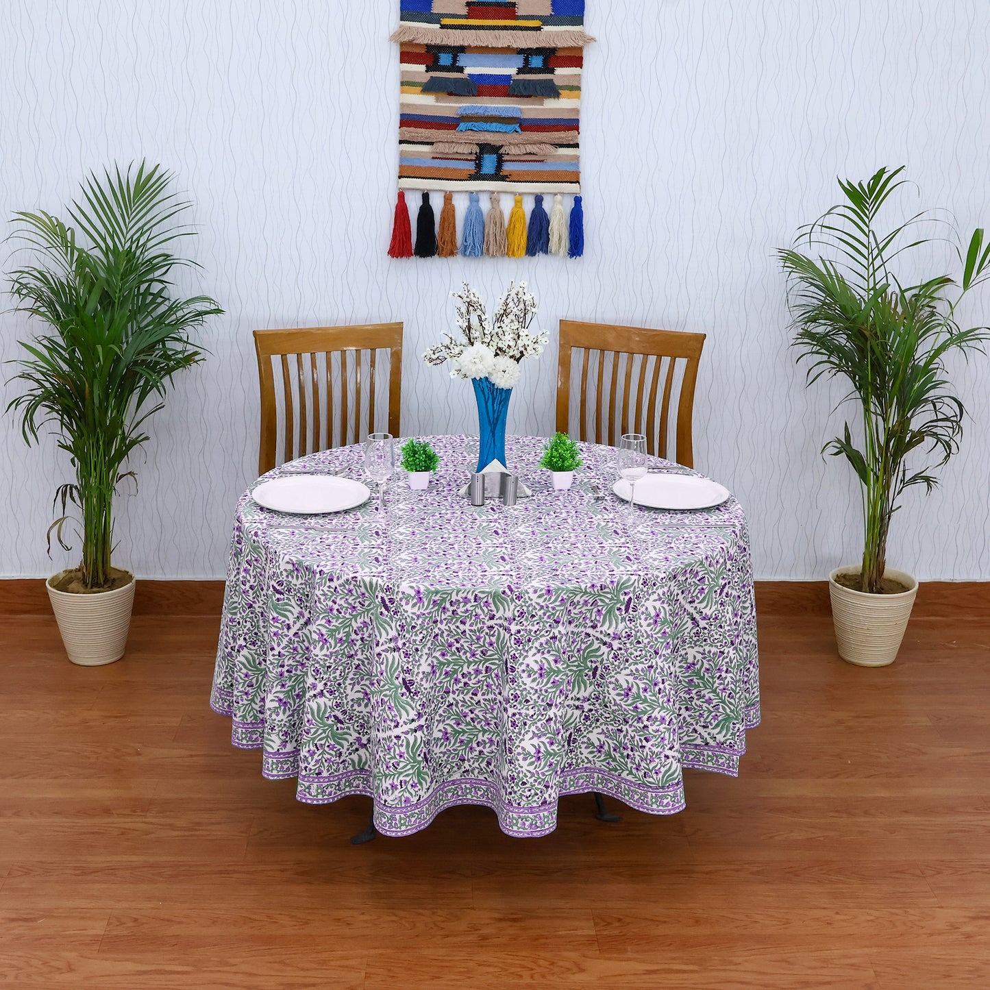 Purple and Green Floral Round Tablecloth - Indian Block Print Round Table Cover - My Store