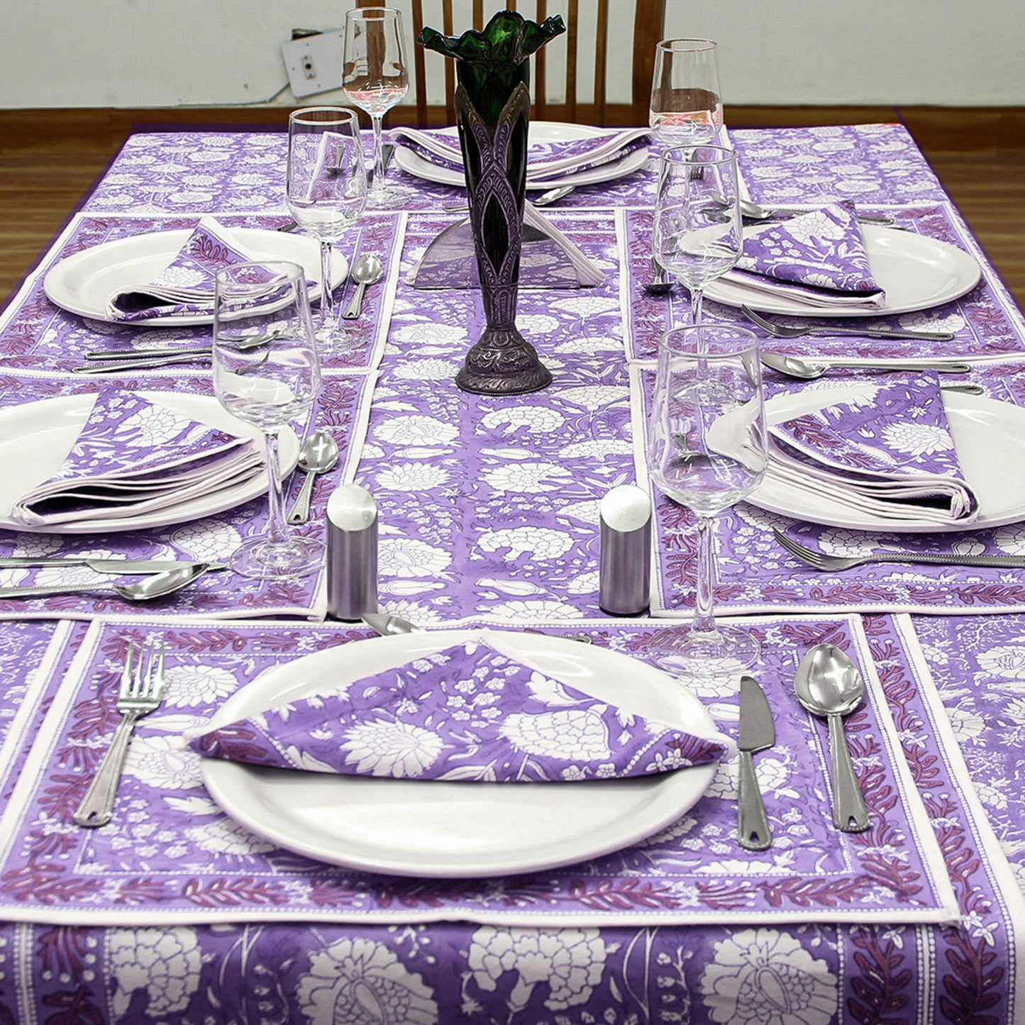Purple and White Dinning Tablecloth, Hand Block Printed Table Cover - My Store