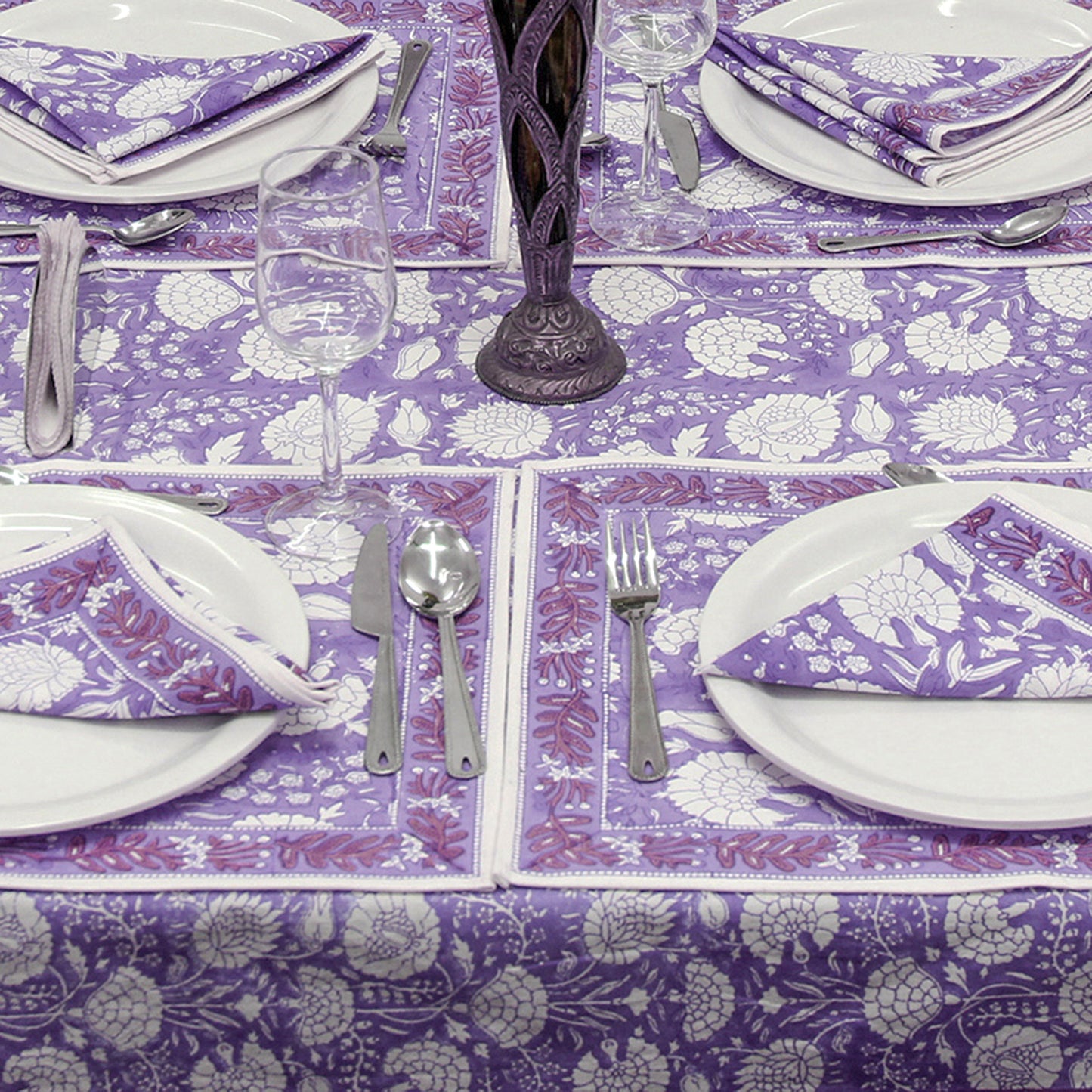 Purple and White Dinning Tablecloth, Hand Block Printed Table Cover - My Store