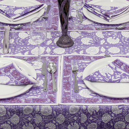 Purple and White Dinning Tablecloth, Hand Block Printed Table Cover - My Store