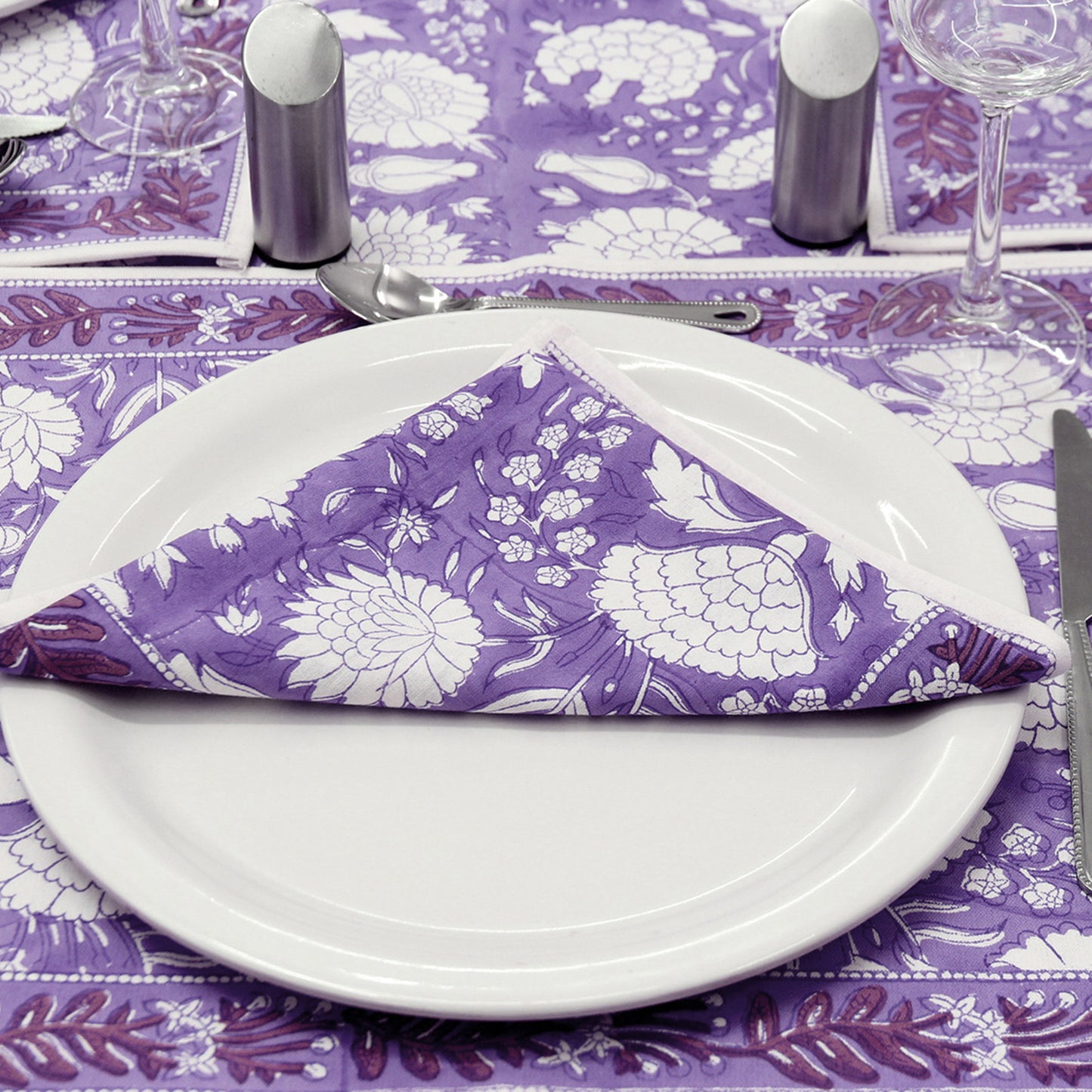 Purple and White Dinning Tablecloth, Hand Block Printed Table Cover - My Store