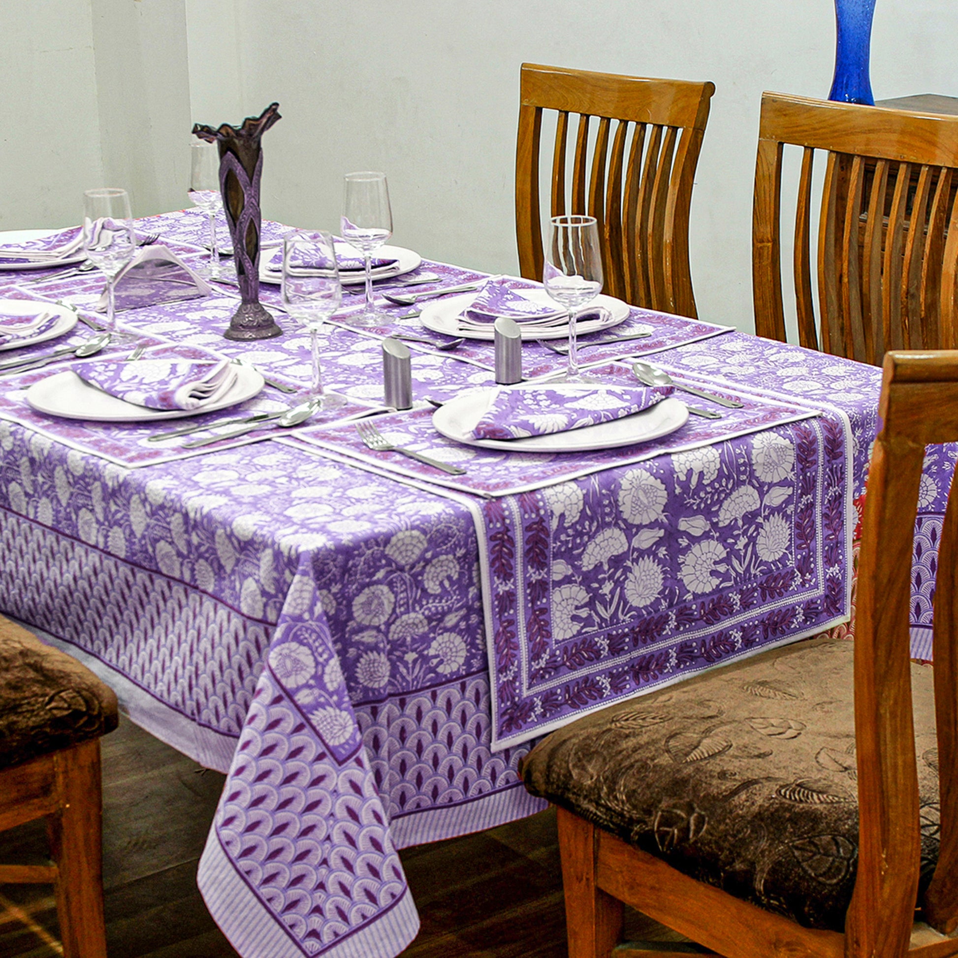 Purple and White Dinning Tablecloth, Hand Block Printed Table Cover - My Store