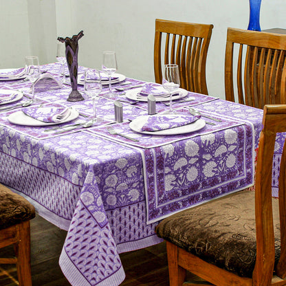 Purple and White Dinning Tablecloth, Hand Block Printed Table Cover - My Store