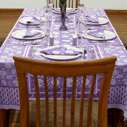 Purple and White Dinning Tablecloth, Hand Block Printed Table Cover - My Store