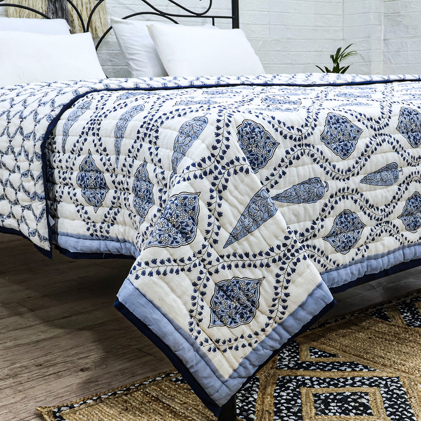 Indian Hand Block Printed Blue and White Cotton Quilt - My Store