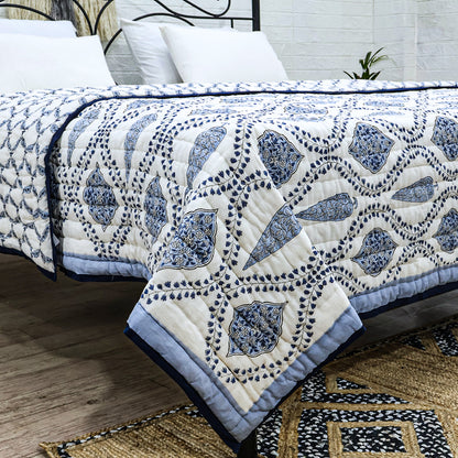Indian Hand Block Printed Blue and White Cotton Quilt - My Store