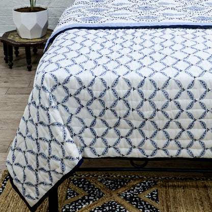 Indian Hand Block Printed Blue and White Cotton Quilt - My Store
