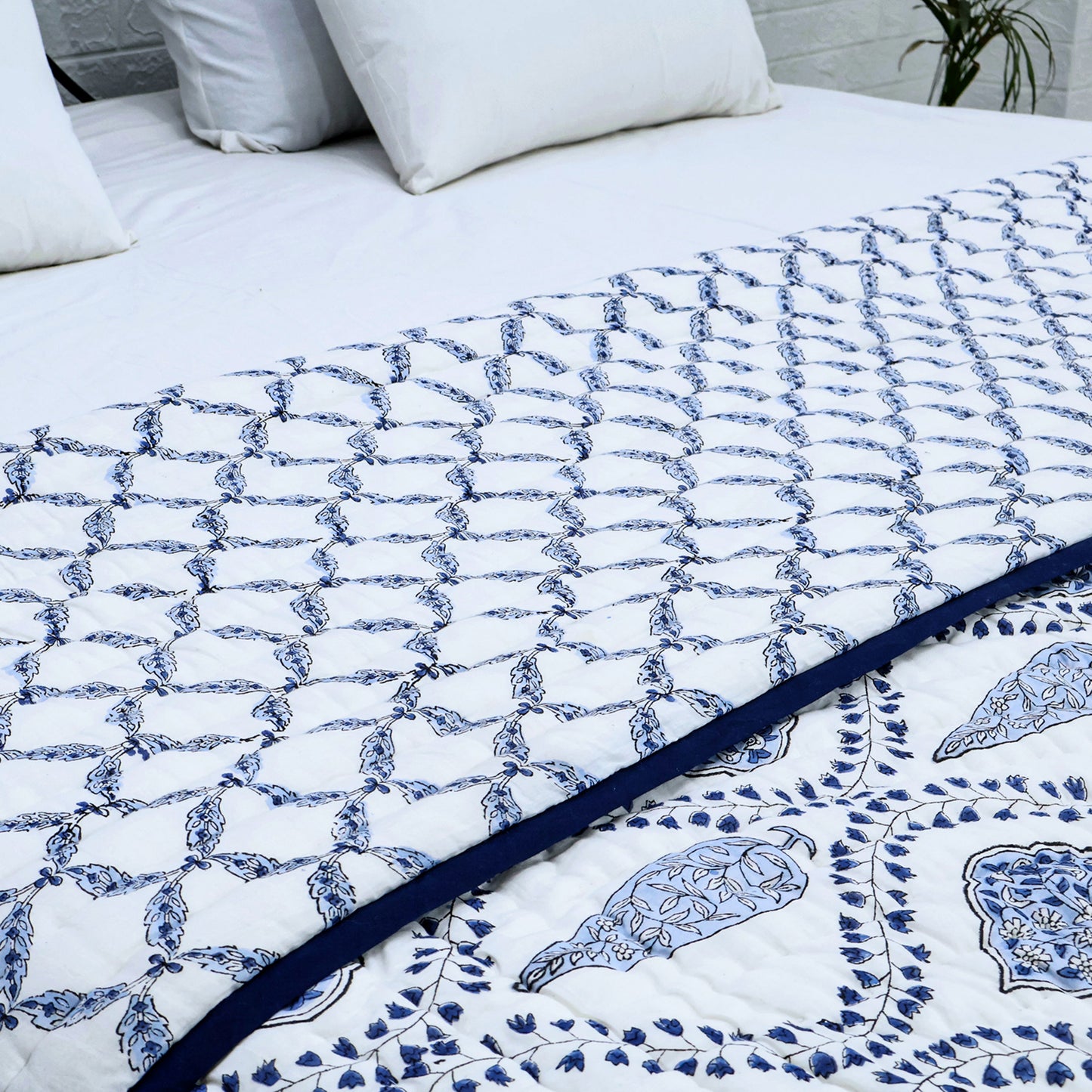 Indian Hand Block Printed Blue and White Cotton Quilt - My Store