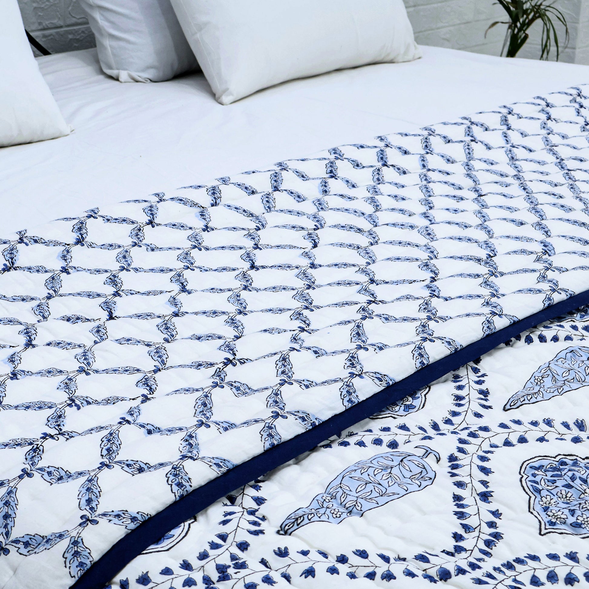 Indian Hand Block Printed Blue and White Cotton Quilt - My Store