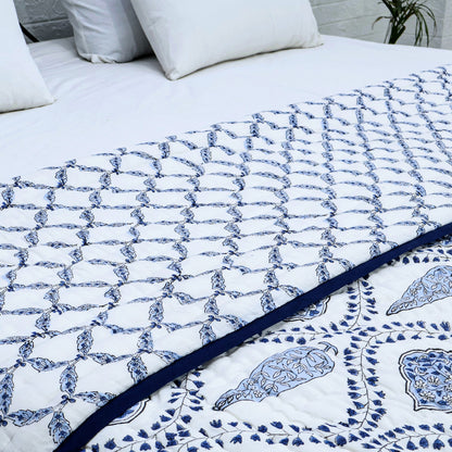 Indian Hand Block Printed Blue and White Cotton Quilt - My Store