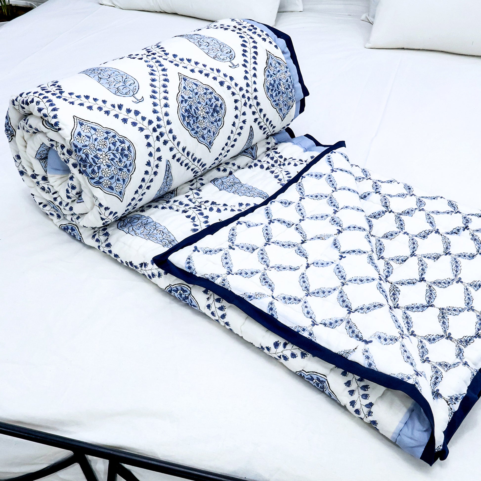 Indian Hand Block Printed Blue and White Cotton Quilt - My Store