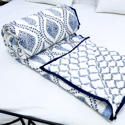 Indian Hand Block Printed Blue and White Cotton Quilt - My Store