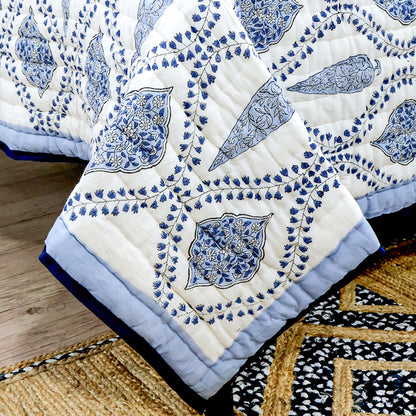 Indian Hand Block Printed Blue and White Cotton Quilt - My Store